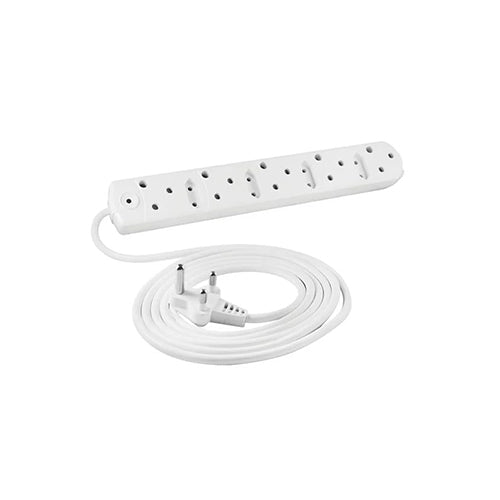 Electrical accessories collection image, showing various plugs, multi-plugs, adapters, and extension leads on a white background, with cables and wires neatly organized.