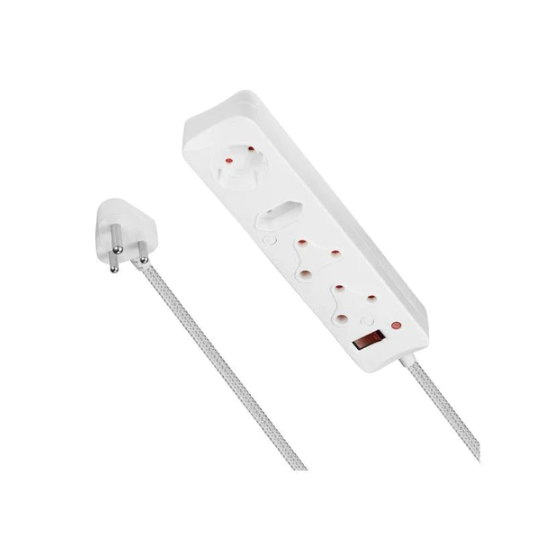 Switched 4-Way Surge-Protected Multiplug: White, Braided 3M Cord (MS-8500-3-WT)